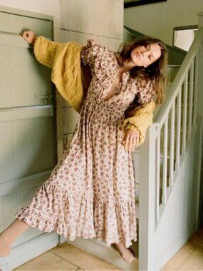 Doen Mariette Dress Burgundy Songbird Toile Floral Maxi Cottagecore Prairie XXL